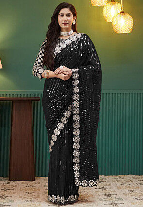 Embroidered Georgette Scalloped Saree in Black