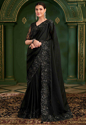 Embroidered Georgette Scalloped Saree in Black
