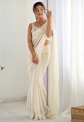 Embroidered Georgette Scalloped Saree in Cream