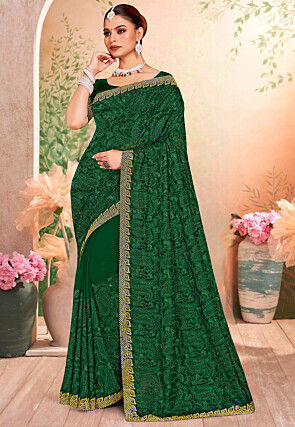 Embroidered Georgette Scalloped Saree in Dark Green
