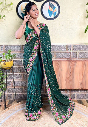Embroidered Georgette Scalloped Saree in Dark Green