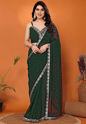 Embroidered Georgette Scalloped Saree in Dark Green