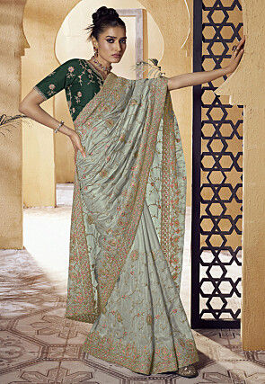 Fancy Border Pure Georgette Green Printed Ladies saree