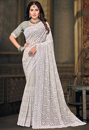 Embroidered Georgette Scalloped Saree in Dusty Green