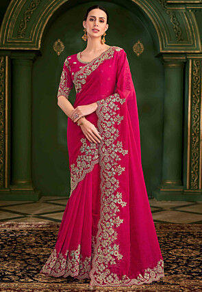 Embroidered Georgette Scalloped Saree in Fuchsia