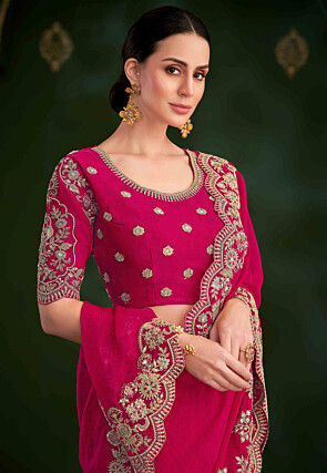 Embroidered Georgette Scalloped Saree in Fuchsia