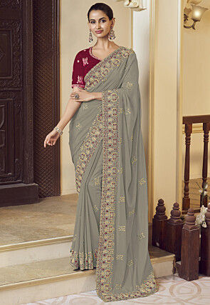 Embroidered Georgette Scalloped Saree in Grey