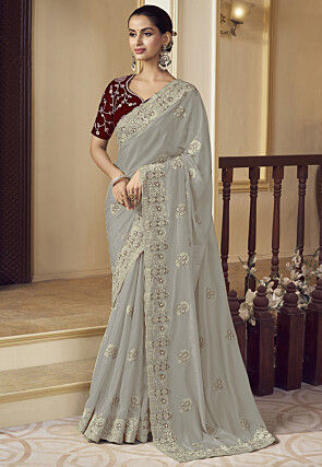 Embroidered Georgette Scalloped Saree in Grey