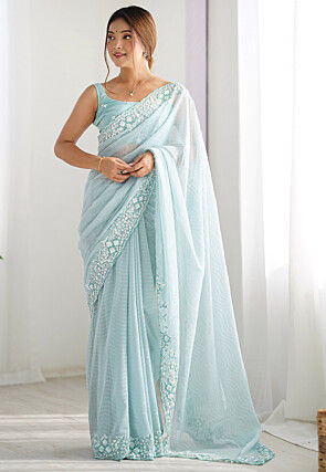 Embroidered Georgette Scalloped Saree in Light Blue