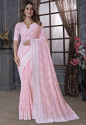 Embroidered Georgette Scalloped Saree in Peach