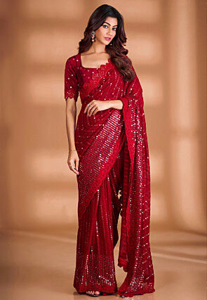 Embroidered Georgette Scalloped Saree in Maroon