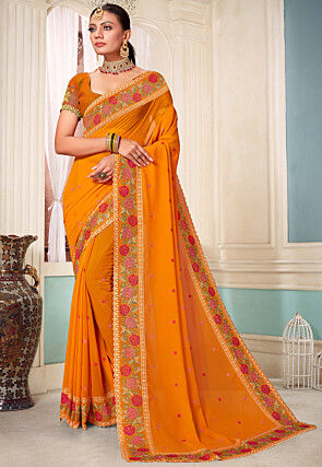 Embroidered Georgette Scalloped Saree in Mustard
