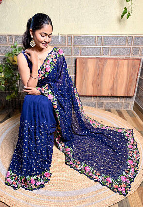 Embroidered Georgette Scalloped Saree in Navy Blue