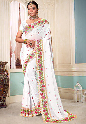 Embroidered Georgette Scalloped Saree in Off White