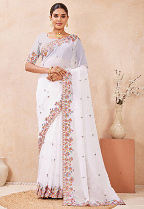 Embroidered Georgette Scalloped Saree in Off White