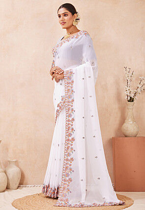 Embroidered Georgette Scalloped Saree in Off White