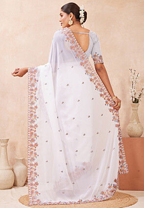 Embroidered Georgette Scalloped Saree in Off White