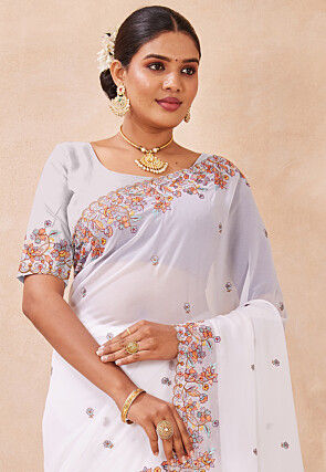 Embroidered Georgette Scalloped Saree in Off White