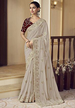 Embroidered Georgette Scalloped Saree in Off White