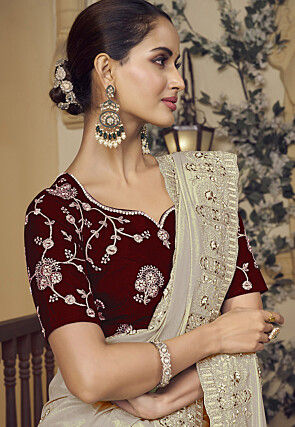 Embroidered Georgette Scalloped Saree in Off White