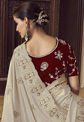 Embroidered Georgette Scalloped Saree in Off White