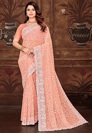 Embroidered Georgette Scalloped Saree in Orange
