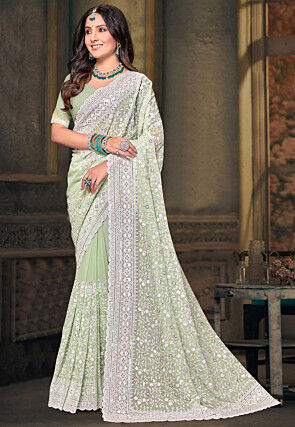 Embroidered Georgette Scalloped Saree in Pastel Green