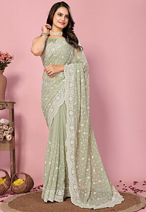 Embroidered Georgette Scalloped Saree in Pastel Green