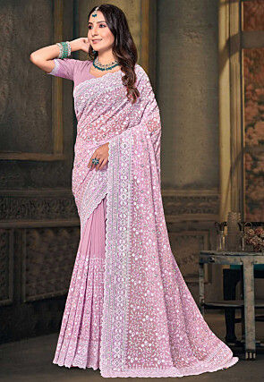 Embroidered Georgette Scalloped Saree in Pink