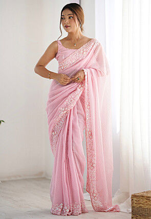 Embroidered Georgette Scalloped Saree in Pink
