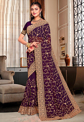 Embroidered Georgette Scalloped Saree in Purple