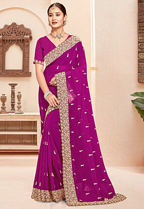 Embroidered Georgette Scalloped Saree in Purple