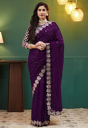 Embroidered Georgette Scalloped Saree in Purple