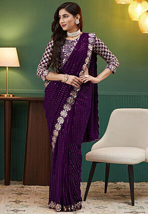 Embroidered Georgette Scalloped Saree in Purple