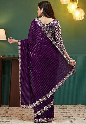 Embroidered Georgette Scalloped Saree in Purple