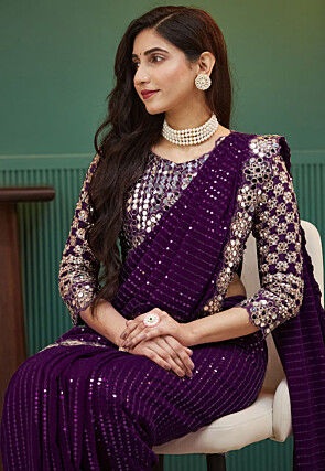 Embroidered Georgette Scalloped Saree in Purple