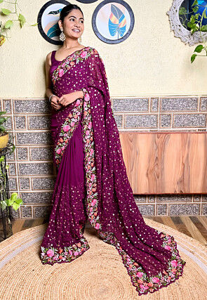 Embroidered Georgette Scalloped Saree in Purple