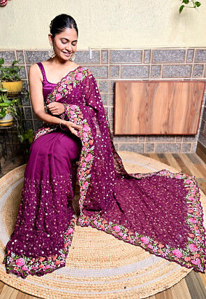 Embroidered Georgette Scalloped Saree in Purple