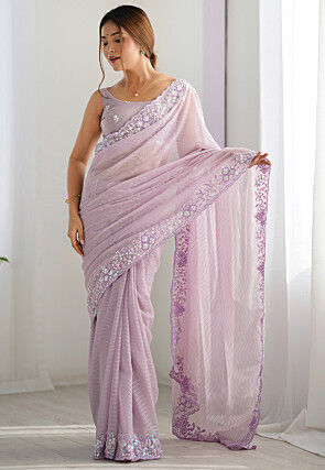Embroidered Georgette Scalloped Saree in Purple