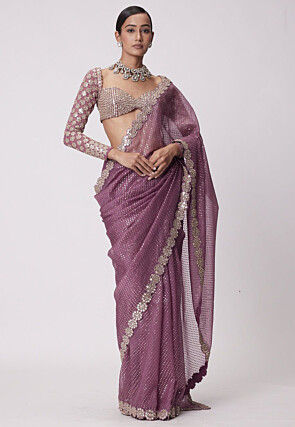 Embroidered Georgette Scalloped Saree in Purple