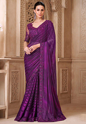 Embroidered Georgette Scalloped Saree in Purple