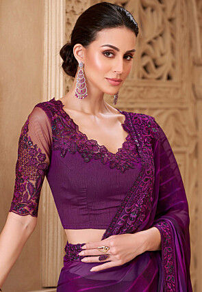 Embroidered Georgette Scalloped Saree in Purple