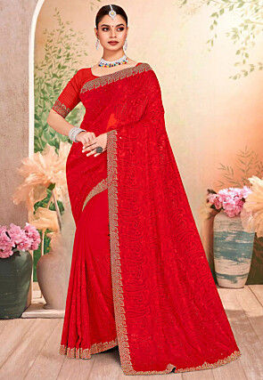 Embroidered Georgette Scalloped Saree in Red