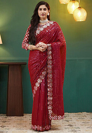 Embroidered Georgette Scalloped Saree in Red