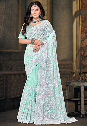 Embroidered Georgette Scalloped Saree in Sea Green