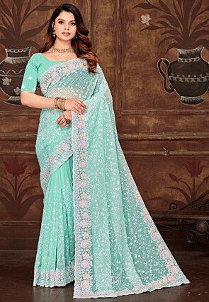 Embroidered Georgette Scalloped Saree in Sea Green