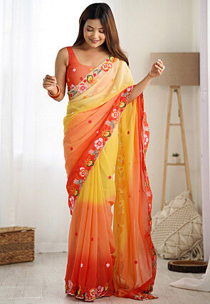 Embroidered Georgette Scalloped Saree in Shaded Yellow and Orange