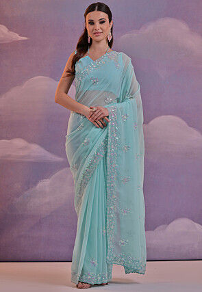 Embroidered Georgette Scalloped Saree in Sky Blue