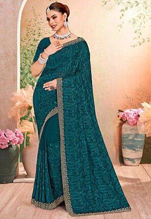 Embroidered Georgette Scalloped Saree in Teal Green