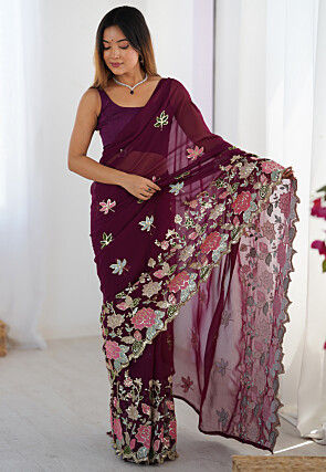 Embroidered Georgette Scalloped Saree in Wine